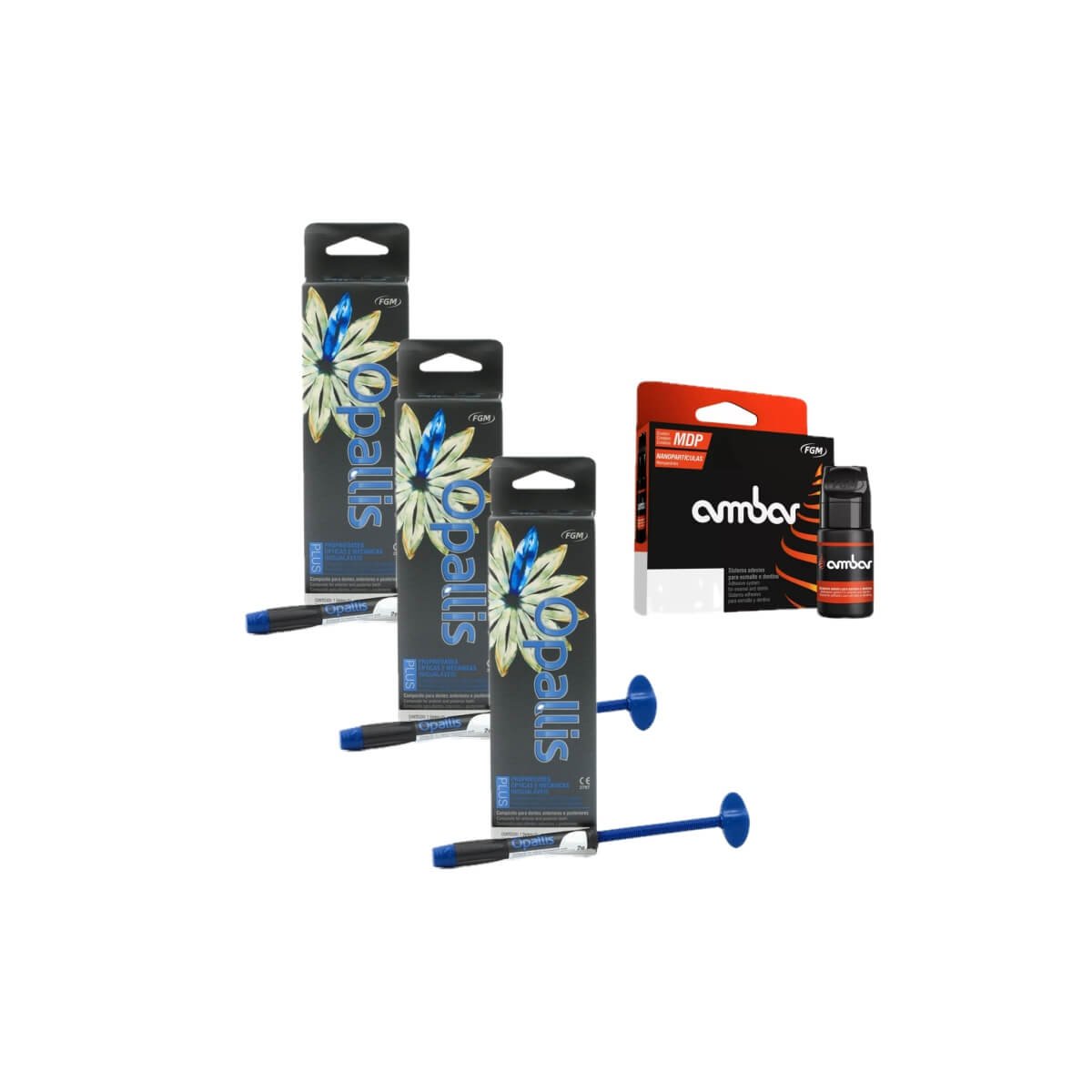 Combo Resina Opallis 2 Esmaltes (EA2 + EA3) + Dentina x1 (DA3) + Adhesivo AMBAR FGM